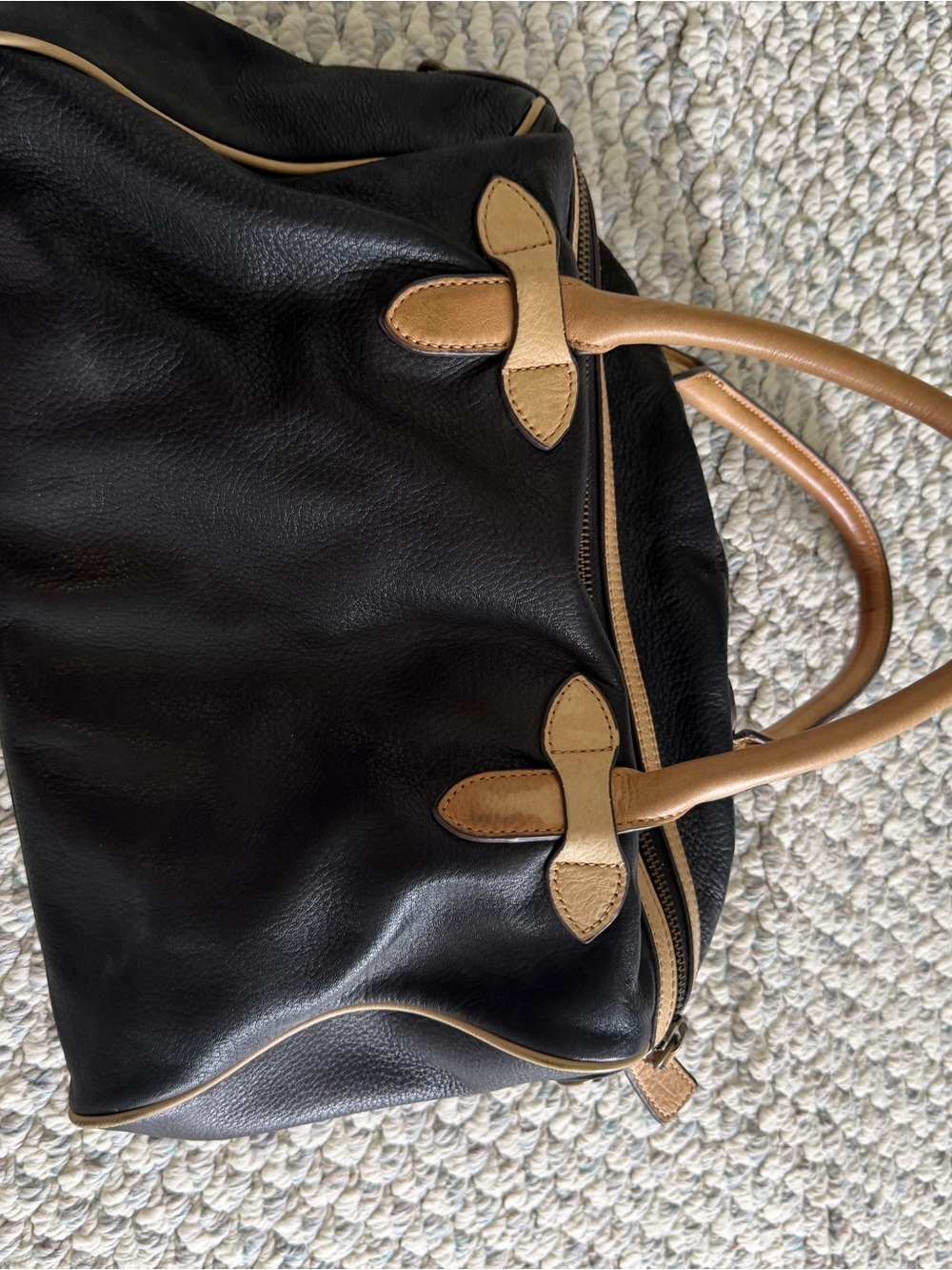 Classic Black Leather Tote with Tan Trim